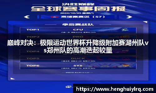 巅峰对决：极限运动世界杯升降级附加赛湖州队vs郑州队的高潮迭起较量